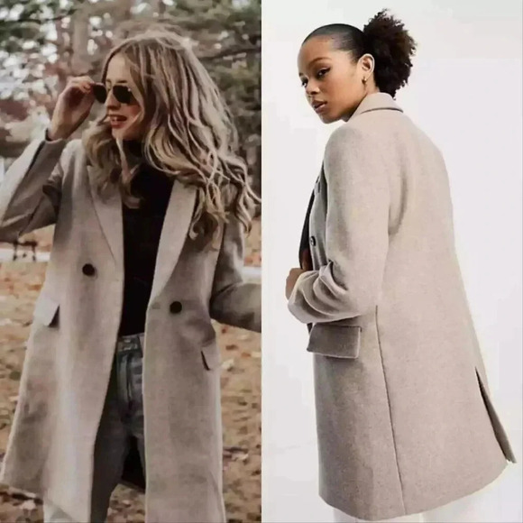 Mango MNG Wool Blend Pea Coat Women's Size US XXS Taupe Cream 2 Buttons Pockets